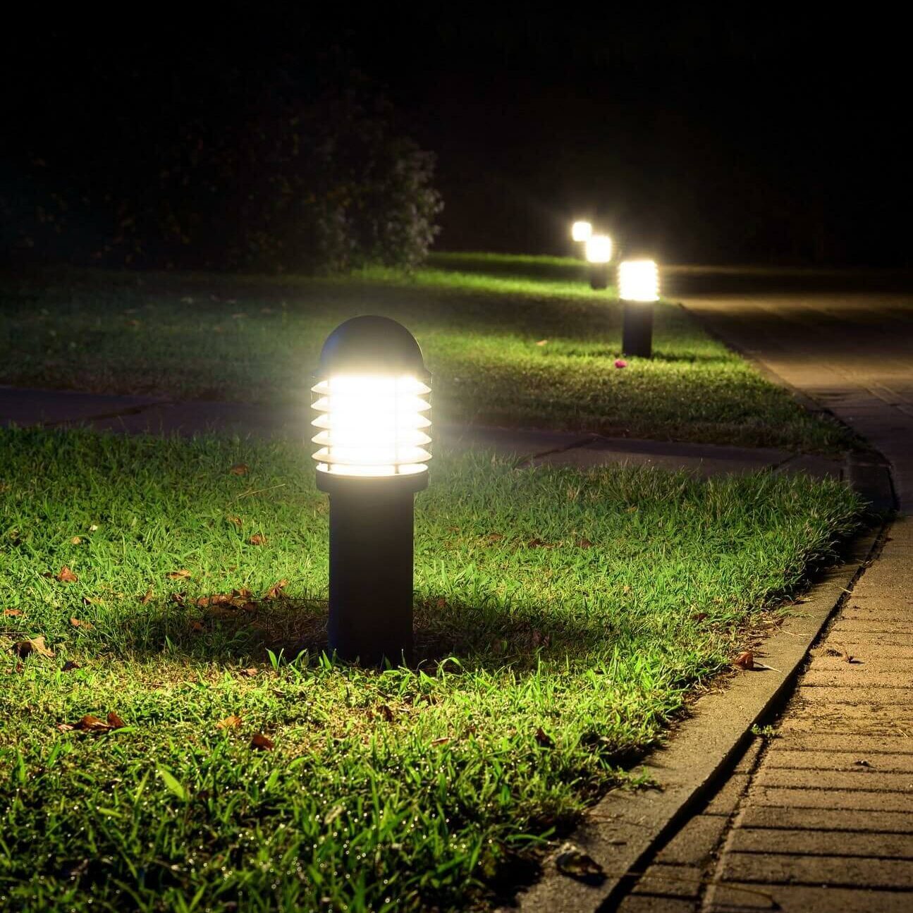 LED light posts line the garden path in the backyard, providing a stylish and well-lit passage.