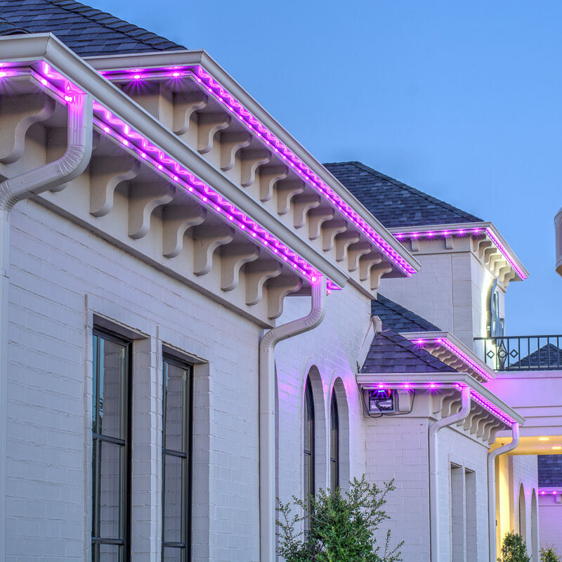 A building embellished with alluring purple lights, casting a captivating and enchanting glow.